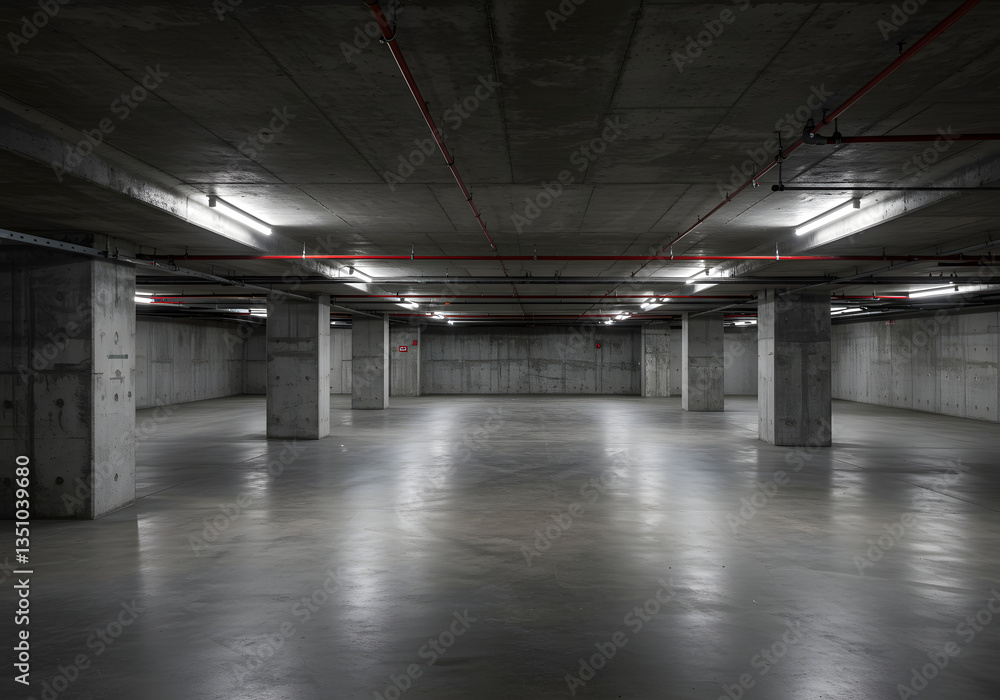 The basement room on the bottom floor of the building's parking lot is empty in an industrial cast concrete style. Abstract modern minimal background The basement room on the bottom floor of the building's parking lot is empty in an industrial cast concrete style. Abstract modern minimal background