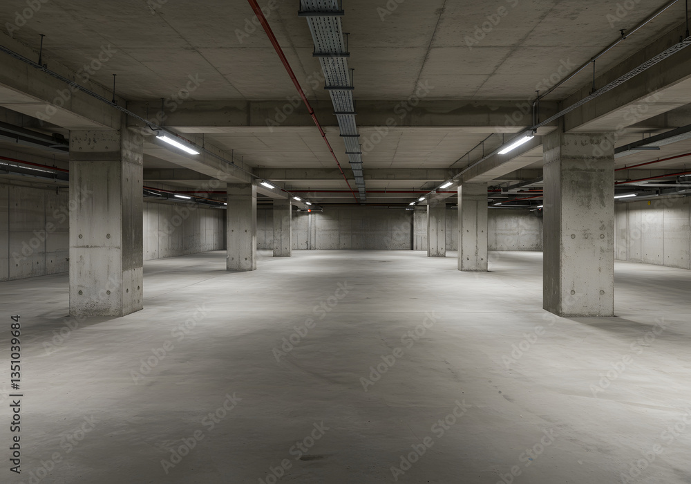The basement room on the bottom floor of the building's parking lot is empty in an industrial cast concrete style. Abstract modern minimal background The basement room on the bottom floor of the building's parking lot is empty in an industrial cast concrete style. Abstract modern minimal background