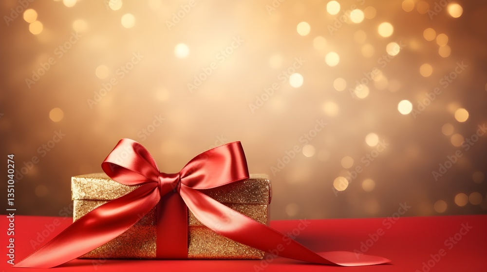 Festive Gold Gift Box with Red Ribbon on Red Background Sparkling Lights Festive Gold Gift Box with Red Ribbon on Red Background Sparkling Lights