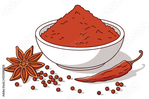 90 vibrant red spice powder, white ceramic bowl, heap of aromatic seasoning, fine ground chili, paprika or cayenne, intense color, food photography, stark white background, high contrast, macro detail