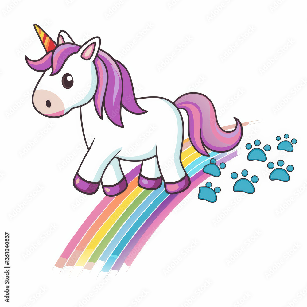 Fototapeta premium Gnome and Unicorn, whimsical unicorn prances joyfully across vibrant rainbow leaving colorful paw prints behind
