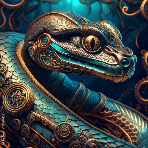 A steampunk serpent coils in golden and turquoise scales, glowing among gears and filigree, silent guardian of ancient mechanical secrets