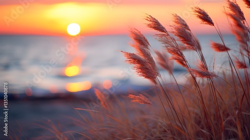 Serene Sunset Seascape with Silhouetted Pampas Grass at Golden Hour