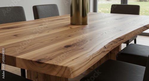 Close up of wood table with vase and chairs showing natural woodgrain details