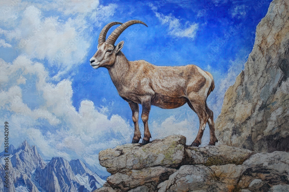 Majestic ibex on rocky peak, alpine landscape, wildlife art, nature print Majestic ibex on rocky peak, alpine landscape, wildlife art, nature print