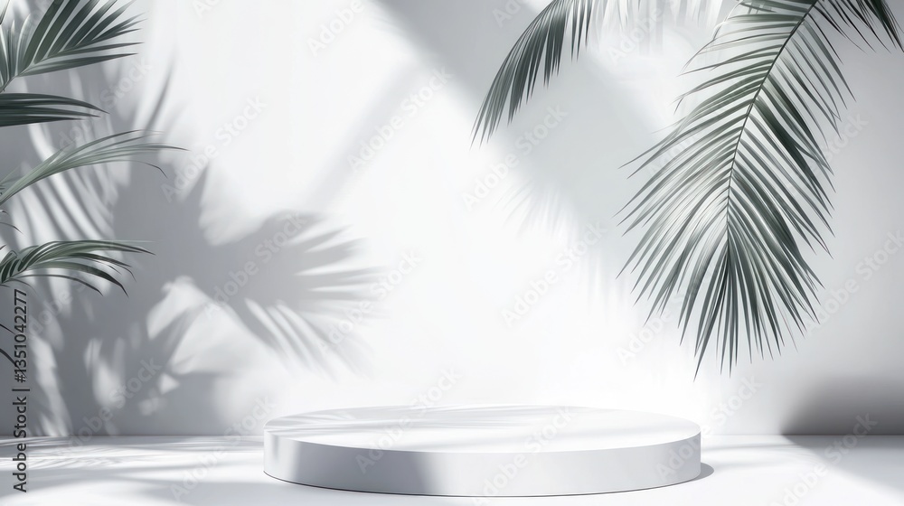 White pedestal with tropical shadows, empty display space White pedestal with tropical shadows, empty display space