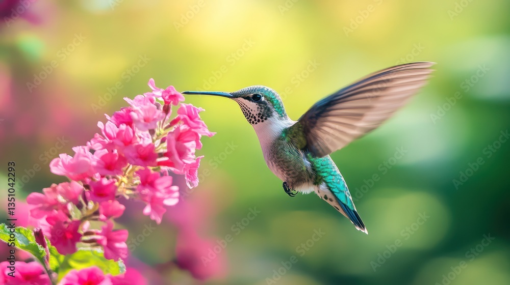 Hummingbird feeding on flower in garden. Possible use Nature, wildlife, springtime Hummingbird feeding on flower in garden. Possible use Nature, wildlife, springtime