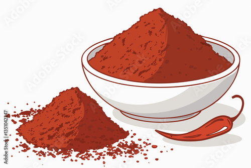 90 vibrant red spice powder, white ceramic bowl, heap of aromatic seasoning, fine ground chili, paprika or cayenne, intense color, food photography, stark white background, high contrast, macro detail