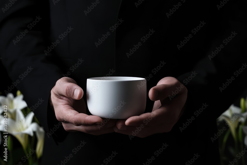 Man holding urn, lilies, dark background, funeral service Man holding urn, lilies, dark background, funeral service