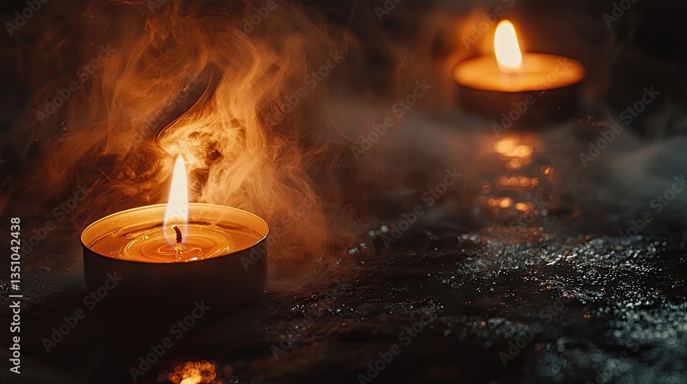 Two tea light candles glowing in a smoky atmosphere Two tea light candles glowing in a smoky atmosphere