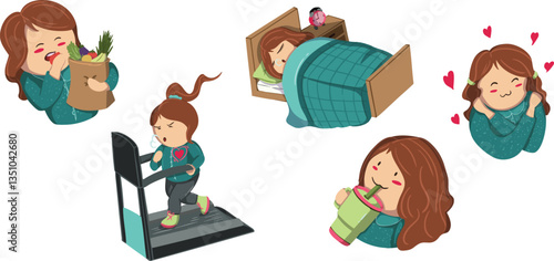 A Healthy Lifestyle ( World Health Day ) eating fruits and vegetables, groceries shopping, sleep efficiency, love and hug yourself, running on treadmill, stay hydrate, drinking water