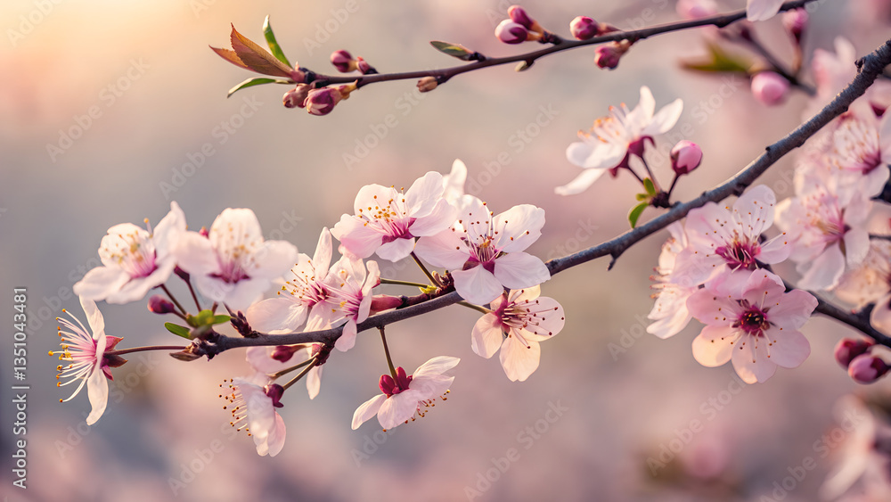 Fototapeta premium Cherry blossom branch in full bloom with intricate pink petals and soft light
