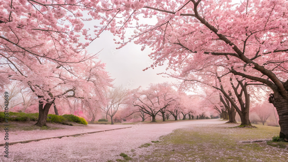Tranquil cherry blossom path with pink trees and scattered petals on the ground Tranquil cherry blossom path with pink trees and scattered petals on the ground