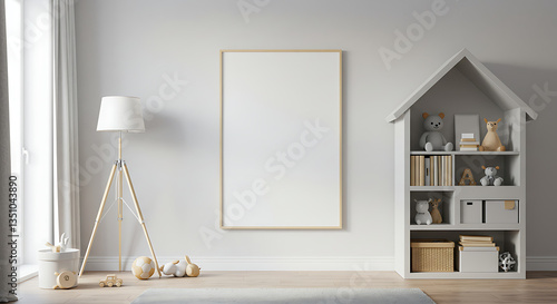 Fototapeta Naklejka Na Ścianę i Meble -  Frame mockup, ISO A paper size. Kids Room wall poster mockup. Interior mockup with house background. Modern interior design. 3D render