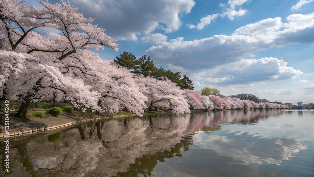 Tranquil cherry blossom reflection in water with soft ripples and warm light Tranquil cherry blossom reflection in water with soft ripples and warm light