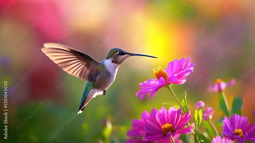 Fototapeta premium Hummingbird in Flight Among Colorful Flowers