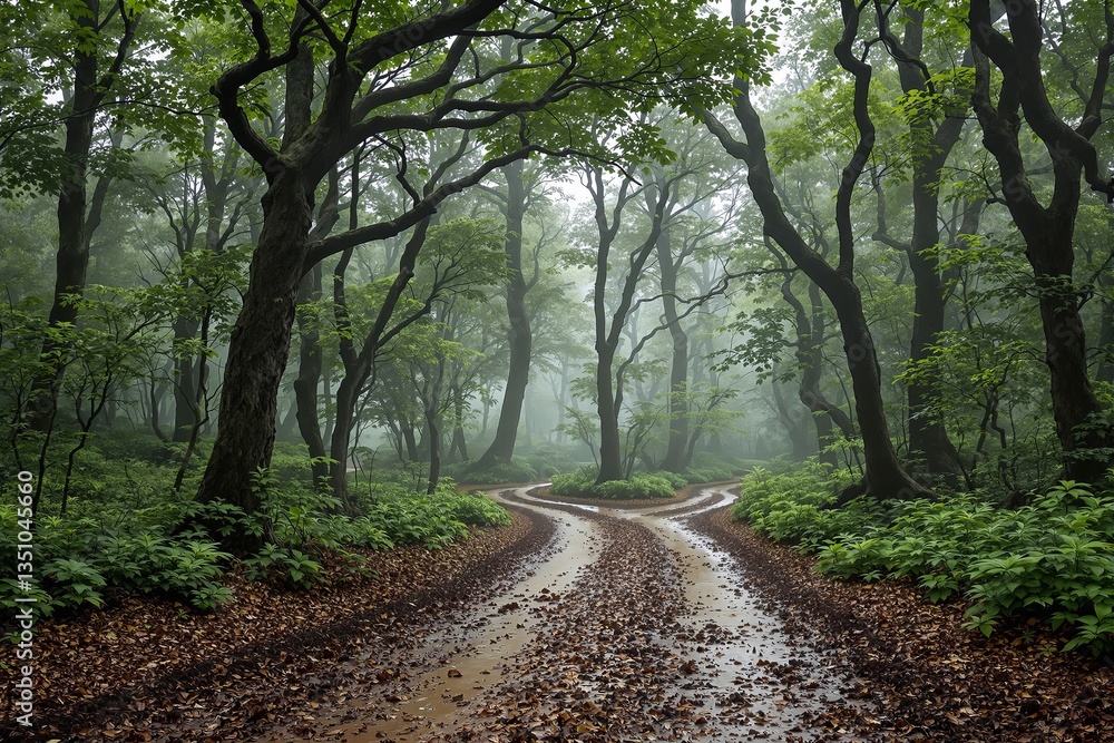 Fototapeta premium A misty forest scene featuring a winding dirt path covered in fallen leaves, surrounded by lush green trees and vegetation. Mysterious and tranquil atmosphere. Ai generative