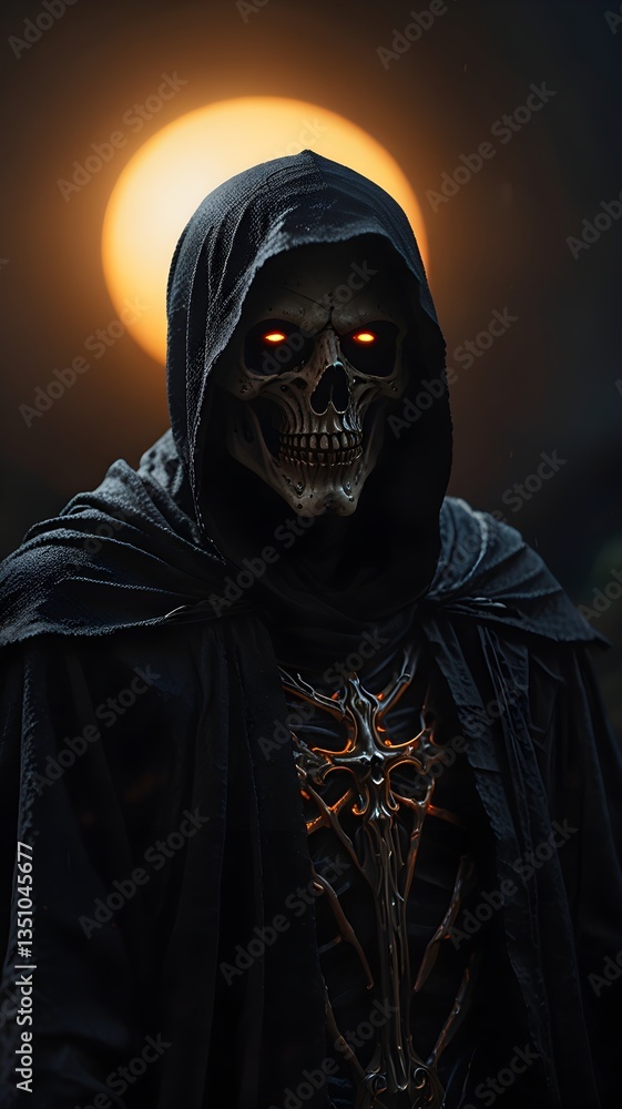 A dark reaper figure with a grim skeleton and glowing eyes, casting an eerie light in a world fading into darkness. A dark reaper figure with a grim skeleton and glowing eyes, casting an eerie light in a world fading into darkness.