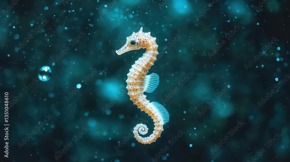 Elegant Seahorse Floating in Deep Blue Ocean Water with Bubbles Elegant Seahorse Floating in Deep Blue Ocean Water with Bubbles