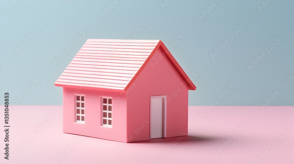 A charming pink miniature house, symbolizing dreams of homeownership and sweet beginnings, sits on a pastel pink surface against a soft blue backdrop. A charming pink miniature house, symbolizing dreams of homeownership and sweet beginnings, sits on a pastel pink surface against a soft blue backdrop.