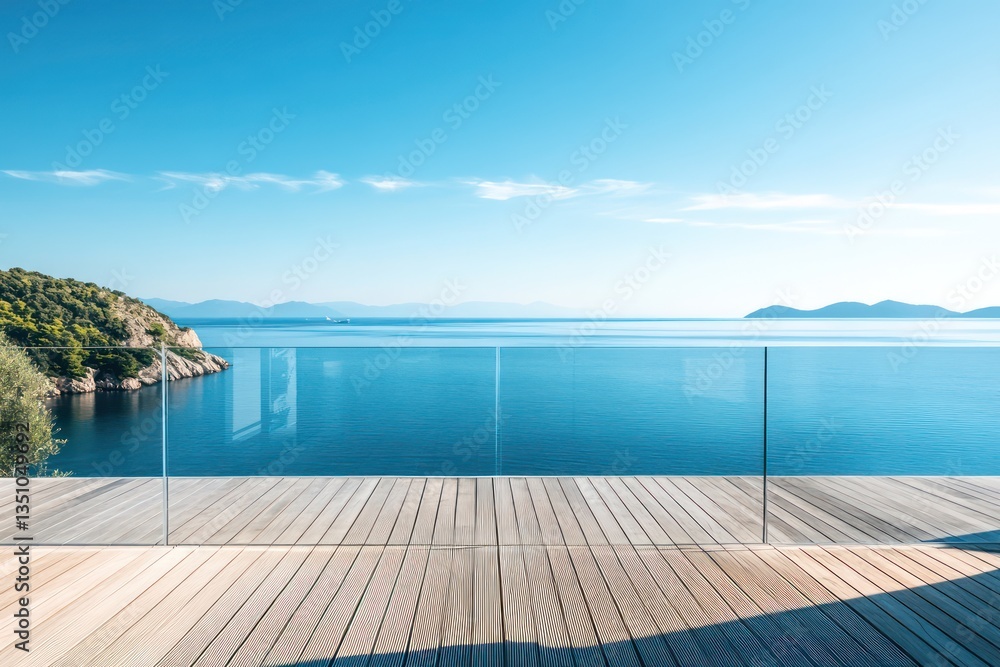 Fototapeta premium Ocean view from wooden deck, clear day, luxury resort