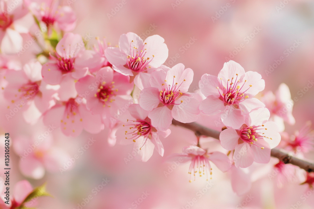 Cherry blossom branch with soft pink petals and subtle shadows in natural light Cherry blossom branch with soft pink petals and subtle shadows in natural light