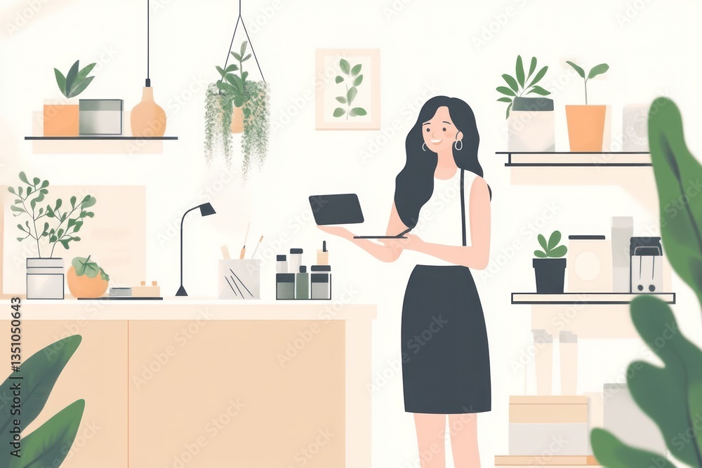 A home-based business setup, neat and aesthetic, SME woman confidently presenting eco-friendly products via video call. A home-based business setup, neat and aesthetic, SME woman confidently presenting eco-friendly products via video call.