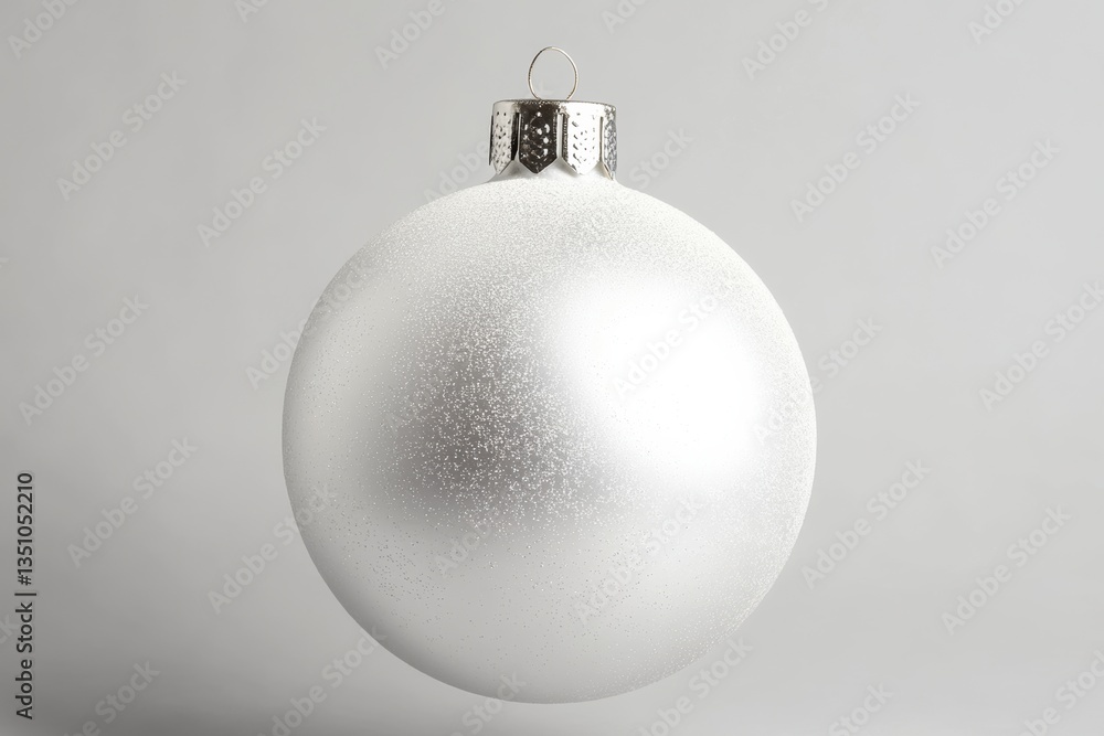 Sparkling white holiday ornament hanging against a light gray backdrop, symbolizing winter festivities and seasonal decor for celebrations Sparkling white holiday ornament hanging against a light gray backdrop, symbolizing winter festivities and seasonal decor for celebrations