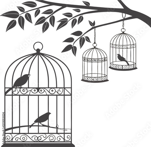 Silhouette of birds in decorative cages hanging from a tree branch, vintage ornamental design, black and white vector illustration.

