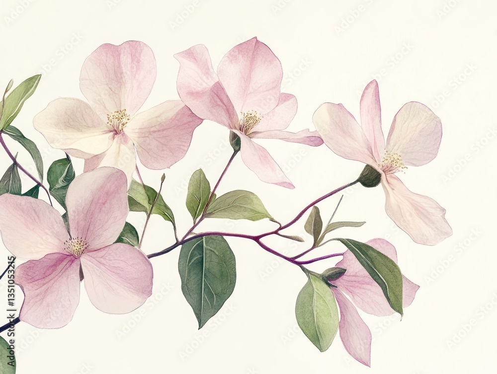 Fototapeta premium Delicate Pink Dogwood Blossoms Branch Watercolor Botanical Art Spring Flowers