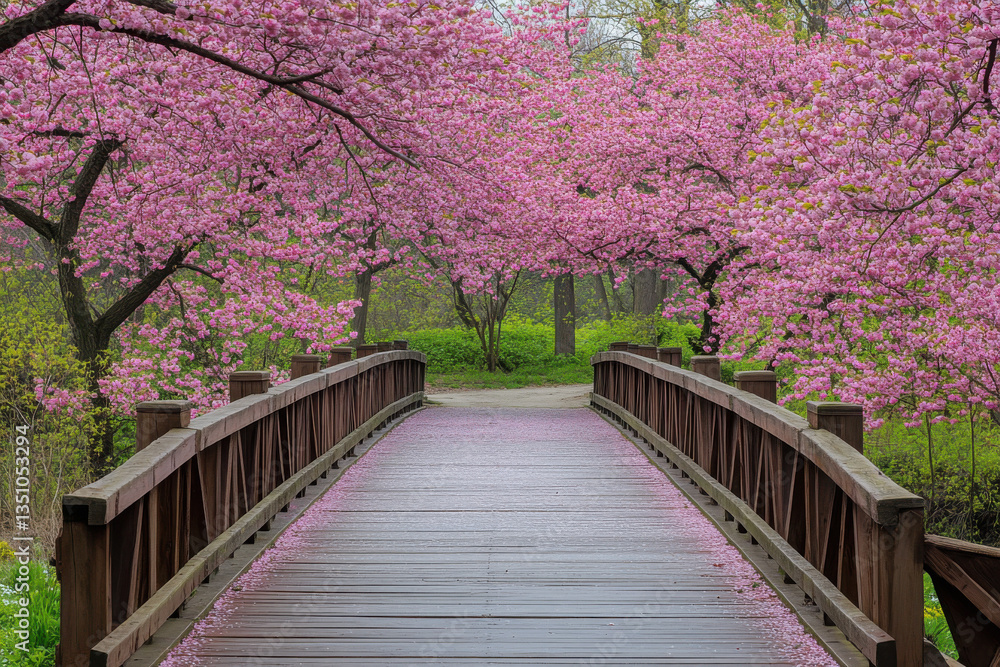 Cherry blossom trees in full bloom framing a wooden bridge with petals drifting Cherry blossom trees in full bloom framing a wooden bridge with petals drifting