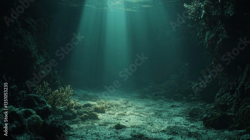 Underwater Scene Sunbeams Illuminate Ocean Floor Coral Reef