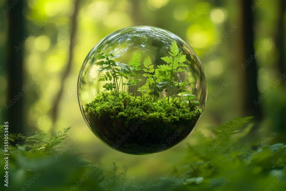 Miniature forest ecosystem inside a glass sphere, floating in a lush green forest. Miniature forest ecosystem inside a glass sphere, floating in a lush green forest.
