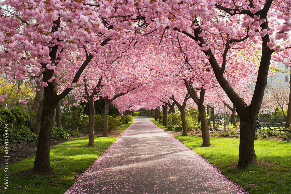 Tranquil cherry blossom pathway lined with vibrant pink trees and scattered petals Tranquil cherry blossom pathway lined with vibrant pink trees and scattered petals
