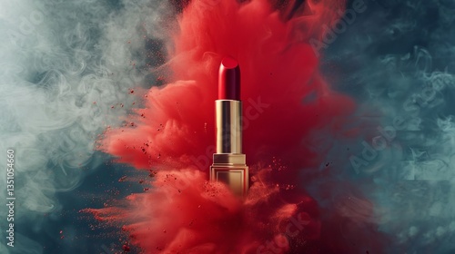 Red Lipstick in Dramatic Red and Grey Smoke Explosion Beauty Product Photography