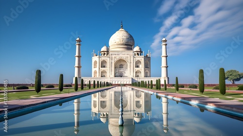 Majestic Taj Mahal in Agra India Iconic White Marble Mausoleum Reflecting in Pool