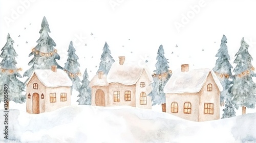 Wallpaper Mural Charming Watercolor Winter Village Scene: Cozy Cottages, Snowy Landscape, Festive Lights Torontodigital.ca