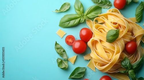 Fresh Pasta with Cherry Tomatoes and Basil on Blue Background Italian Food Photography