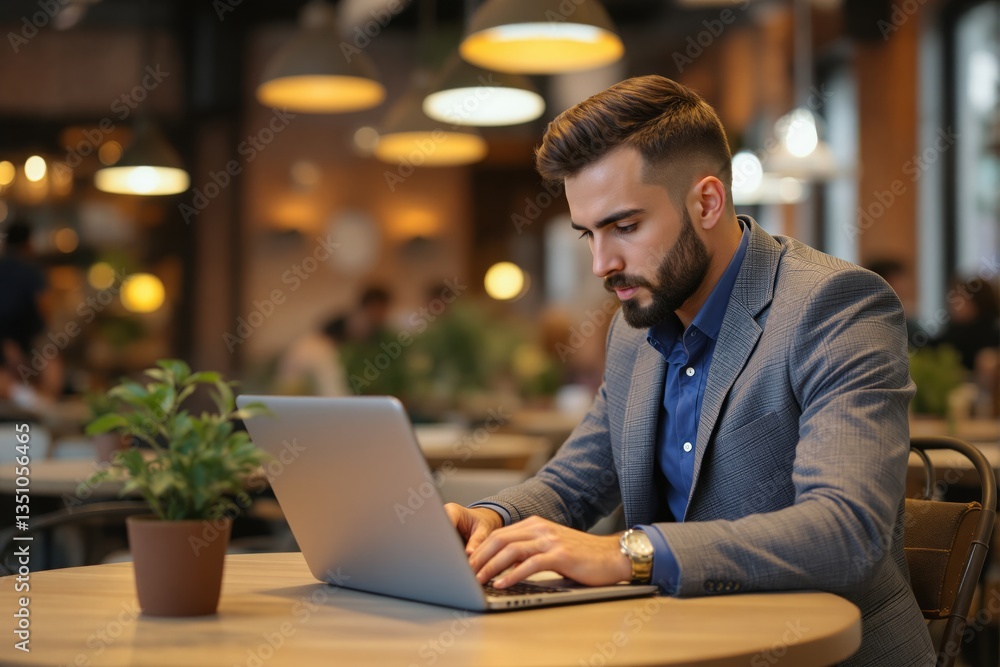 Young professional man in stylish suit working on a laptop at a cafe with a warm, bright background. Cozy atmosphere with creative workspace concept. Ai generative Young professional man in stylish suit working on a laptop at a cafe with a warm, bright background. Cozy atmosphere with creative workspace concept. Ai generative
