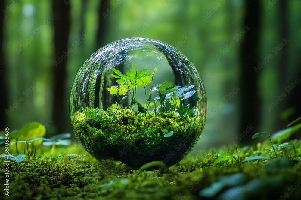 Glass sphere with plants and moss in forest. Glass sphere with plants and moss in forest.
