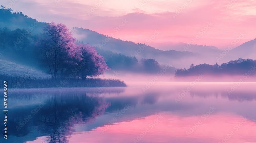 Fototapeta premium Serene Pink Sunrise over Misty Lake and Trees Tranquil Nature Scene