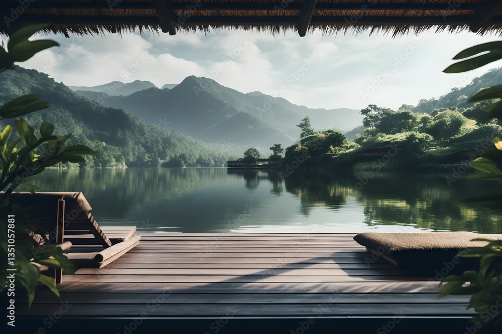 Naklejka premium Serene Lakeside Deck with Mountain View Tranquil Wooden Platform by Calm Water