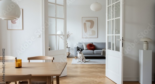 Dog sitting patiently in a bright, minimalist living room with open french doors