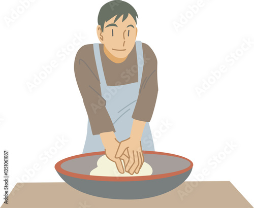 こね鉢でそば粉をこねる男性
