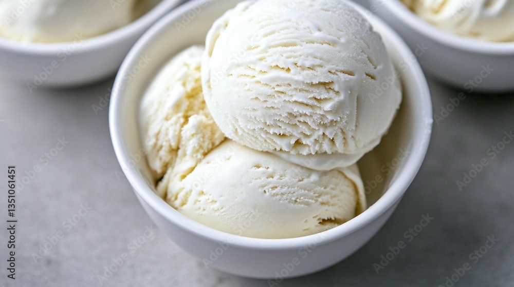 Two scoops of creamy vanilla ice cream in a white bowl. Two scoops of creamy vanilla ice cream in a white bowl.