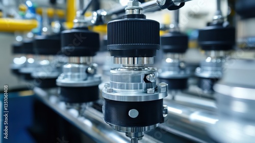 Industrial machinery with metal valves and shiny pipes in clean environment. Use this to illustrate engineering, technology, or precision manufacturing concepts.