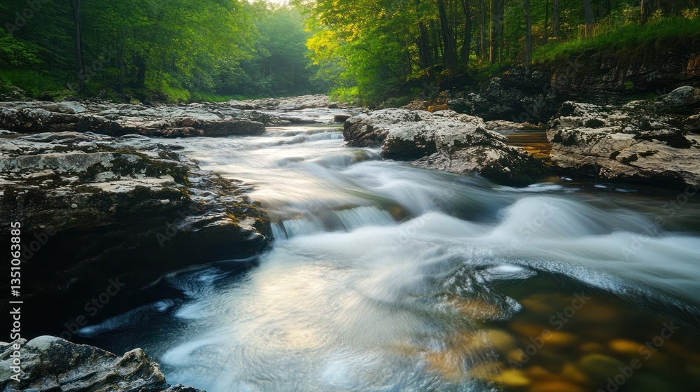 Serene river flowing through rocky forest at dawn; nature background