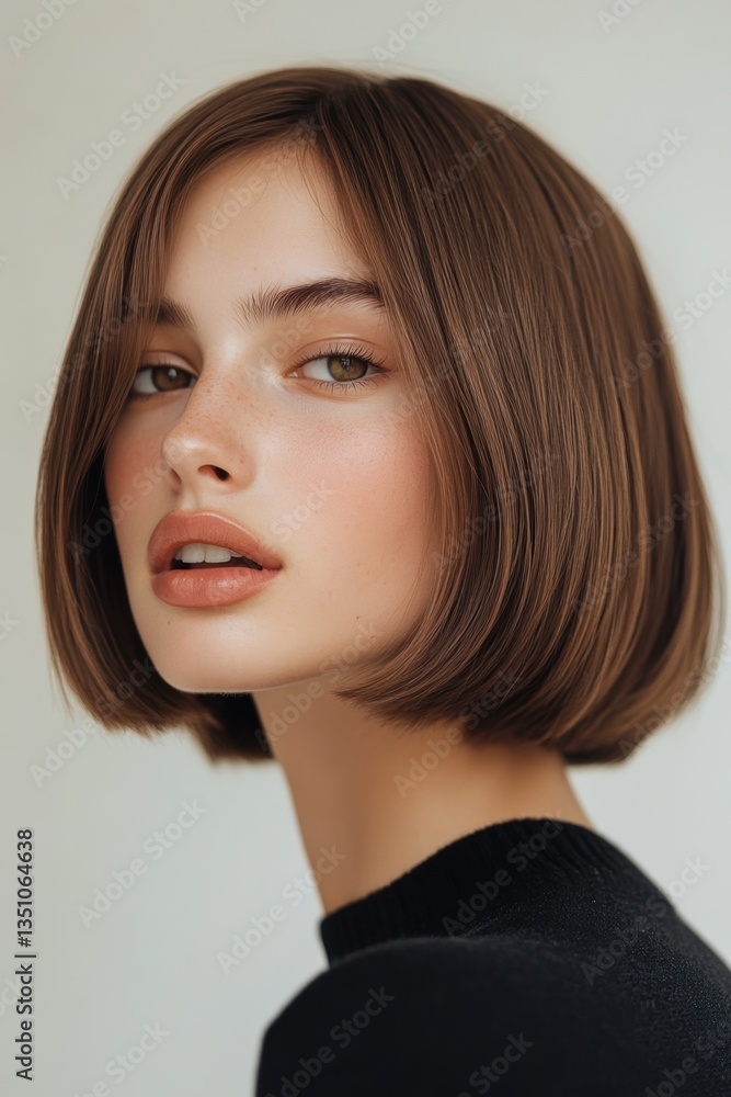 Smooth bob hairstyle with neutral makeup in a studio setting showcasing elegance and simplicity during a portrait session Smooth bob hairstyle with neutral makeup in a studio setting showcasing elegance and simplicity during a portrait session