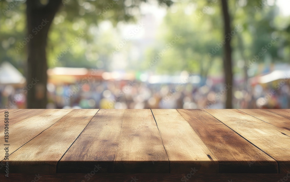 Rustic wooden table top bathed in summer sun, an empty plank against a nature backdrop Rustic wooden table top bathed in summer sun, an empty plank against a nature backdrop