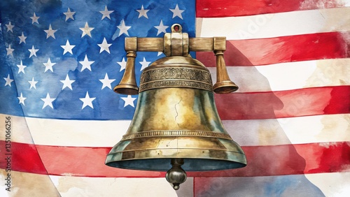 Patriotic Golden Bell with Waving American Flag